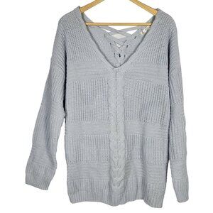 FCT With Love Women's Chunky Knit Ice Blue Lace Up Back Detail Sweater Size 2X